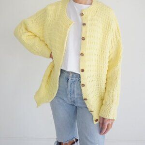 Handknit Yellow Knit Textured Button Front Cottage Garden Cottagecore Cardigan M